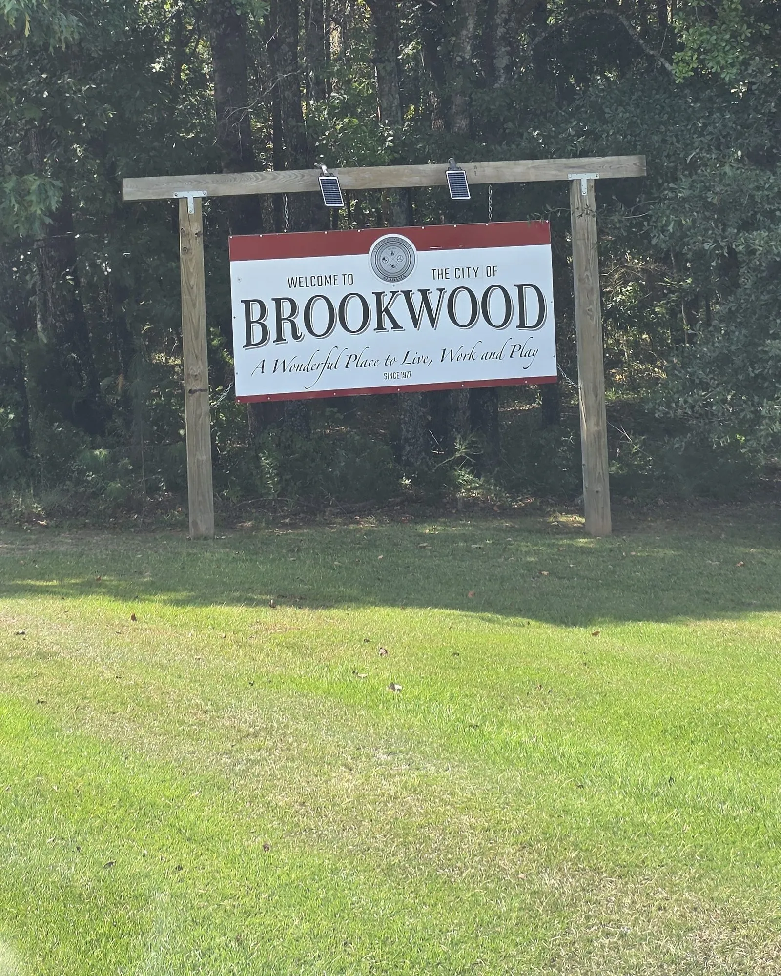 Welcome to the City of Brookwood sign at the edge of town