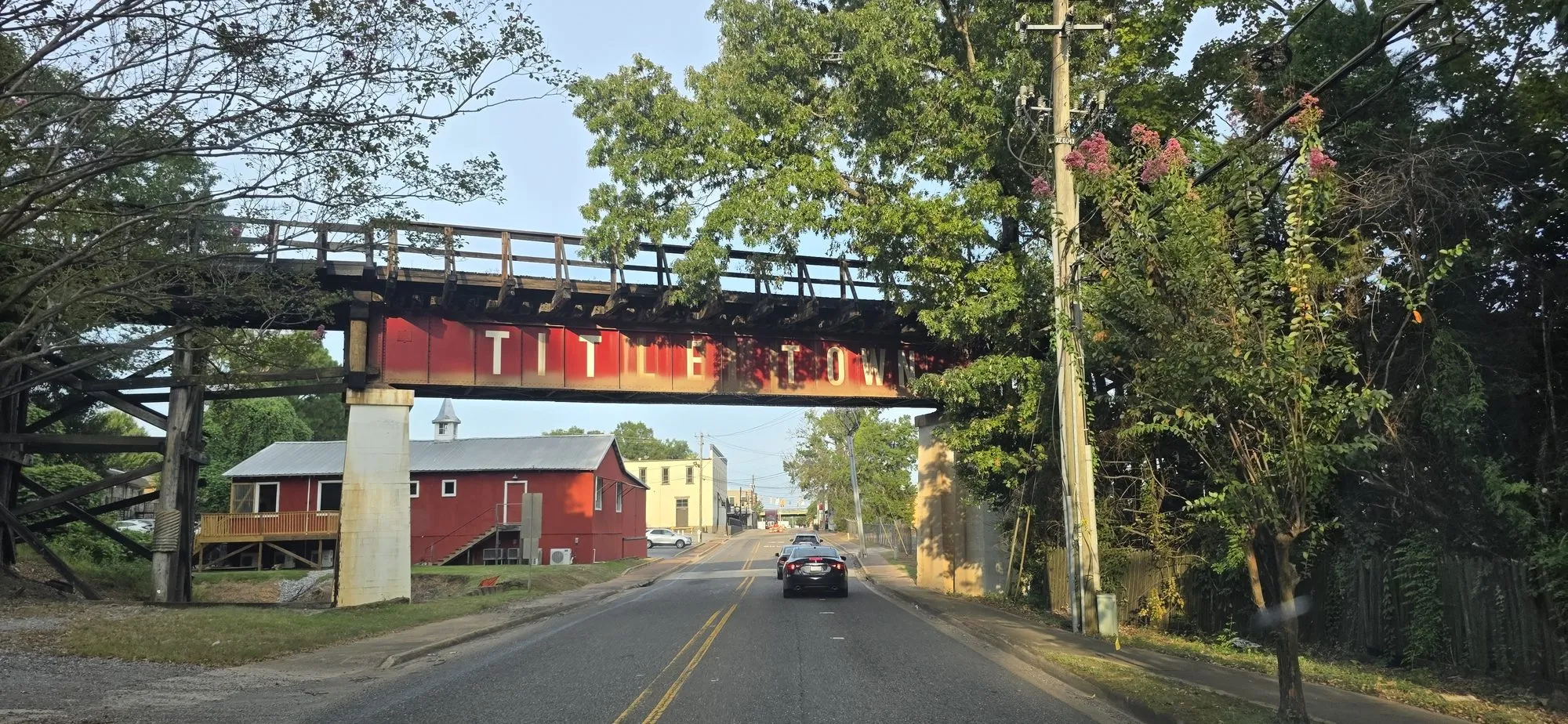 Railroad trestle crossing the street in Northport