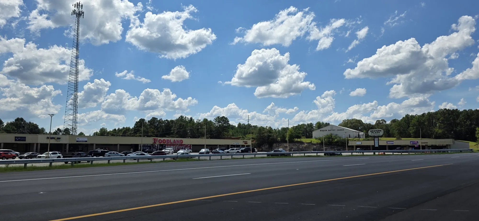 Shopping center on the four-lane highway at Woodstock